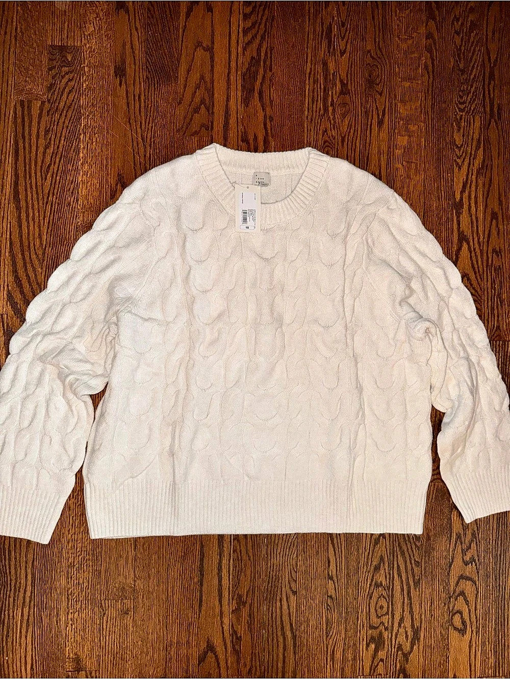 a new day Textured Cable Knit Crewneck Sweater in White 1X NWT